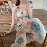 Summer Women Vintage Flower Sling Dress Bow Tie Strap Square Neck Sleeveless Slim Midi Floral Skirt French Ladies Clothes