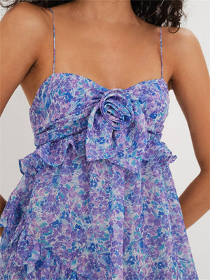 Floral Print Spaghetti Strap Fairy Y2K Mini Dresses for Women Club Sexy 3D Flower Ruffles V-neck Short Dress