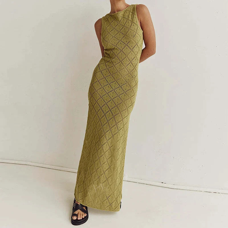 Chic Women Sleeveless Split Side Long Dress Diamond Crochet Hollow Out Midi Dress Elegant Lady Slim Fit Bodycon Holiday Party
