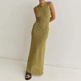 Chic Women Sleeveless Split Side Long Dress Diamond Crochet Hollow Out Midi Dress Elegant Lady Slim Fit Bodycon Holiday Party