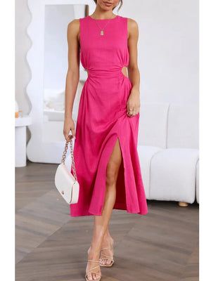 Foridol Side Waist Cut Out Back Zip Women Summer Beach Dress Sleeveless Split Midi Tank Rose Red Female Vestido Robe Casual