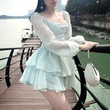 Korean Style Sweet Party Mini Dress Women Green Chiffon France Elegant Dress Female Bubble Sleeve White Casual Fairy Dress