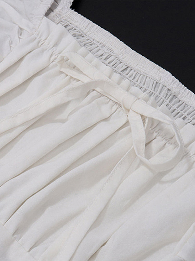 Sexy White Pleated Holiday Dress Woman Lace Up Square Collar Ruffles Female Dresses Elegant Button Sleeveless Beach Vestido