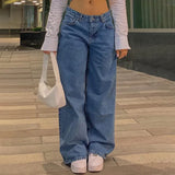 Woloong Jeans women low-rise fashion retro straight pants loose street style denim pants with simple wide leg women baggy mop pants