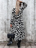 Woloong Leopard Print White Black Slit Midi Casual Winter Long Sleeve Dress V Neck Autumn Dropshipping Vestidos Femme