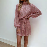 Sequins Women Lace Up Dress Green Turtleneck Long Sleeeve Midi Female Dresses  Autumn Winter Ruffle Party Club Lady
