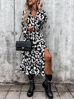 Woloong Leopard Print White Black Slit Midi Casual Winter Long Sleeve Dress V Neck Autumn Dropshipping Vestidos Femme