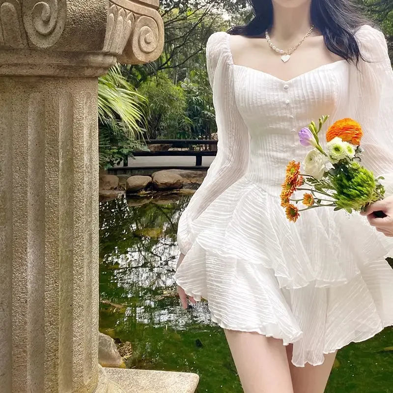 Korean Style Sweet Party Mini Dress Women Green Chiffon France Elegant Dress Female Bubble Sleeve White Casual Fairy Dress