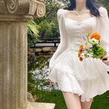 Korean Style Sweet Party Mini Dress Women Green Chiffon France Elegant Dress Female Bubble Sleeve White Casual Fairy Dress