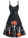 Gothic Black Women Dresses Lace Up Halloween Bat Skull Pumpkin Print Dress Sleeveless Punk V-Neck Autumn Party Dress For Female