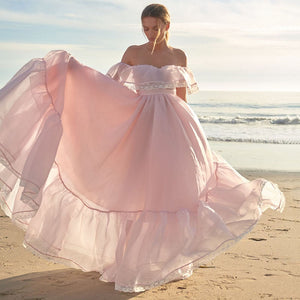 Woloong  Vintage Women Pink Princess Organza Dresses Lady Slash Neck Evening Party Ball Gown Long Dress Fairytale Beach Formal Dress XXL
