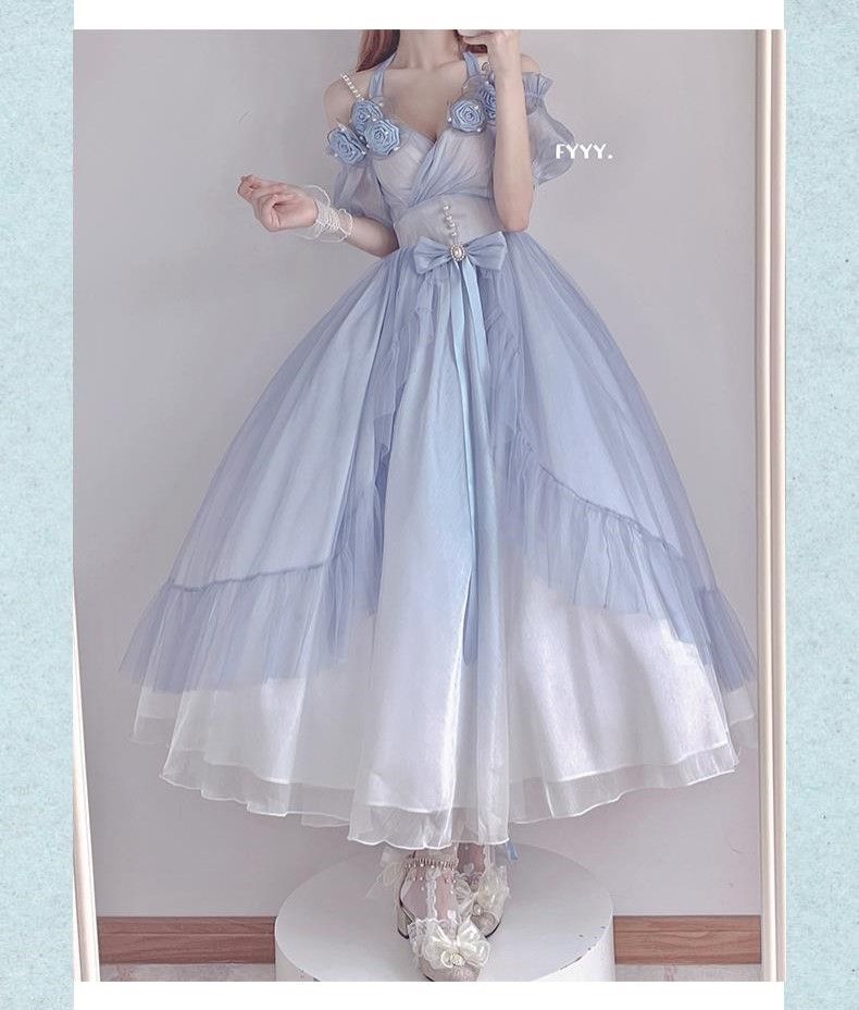 Flower Wedding Lolita Dress Light Gradient Blue Rose Fairy Princess Kawaii Sweet Elegant Lolitas Tea Party Dresses Victorian