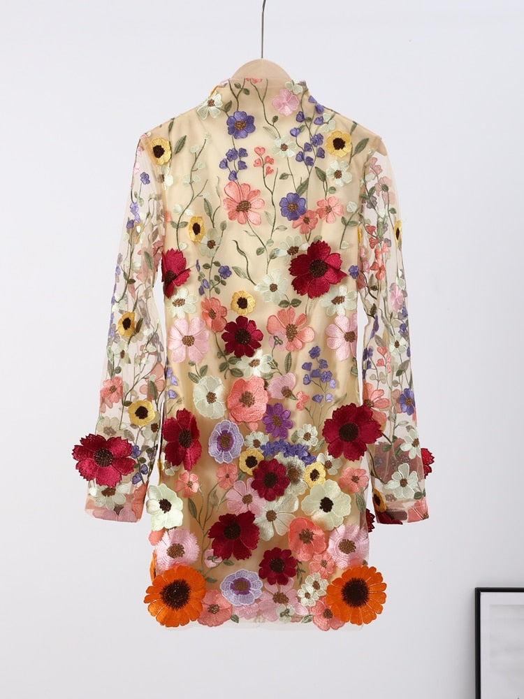 Flower Embroidery Women's Dress Sexy Hip Package Long Sleeve Bodycon Female Dresses  Spring Summer Elegant Mini Vestidos