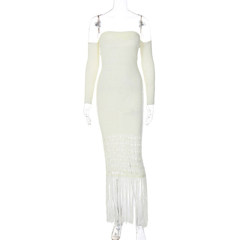 Knit Tassel Strapless Long Famale Dress Elegant White Hollow Out Club Party Dresses Women Fashion Bodycon Backless Lady Clothes