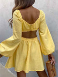 Lantern Sleeve Sexy Waist Backless Yellow Summer Spring Beach Dress for Women Solid A-line Femme Dress Vestidos