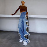 woloong  Irregular Streetwear Holes Patchwork Colorblock Jeans Female High Waist Wide Leg Pants For Women Autumn Style