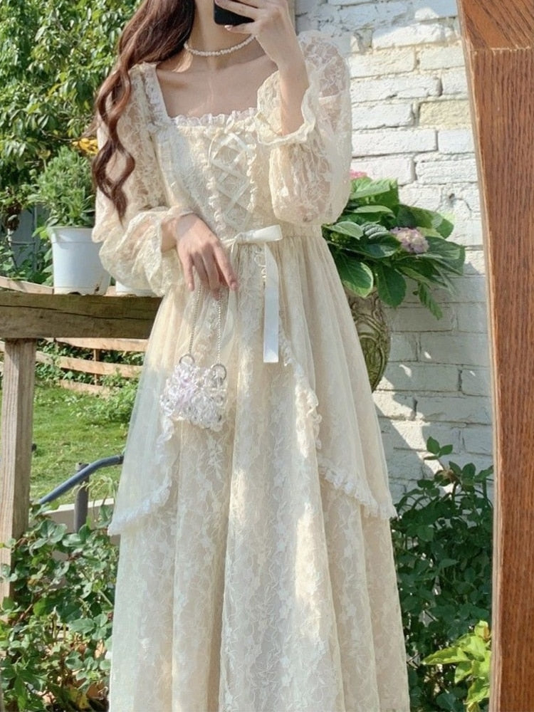French Vintage Dress Women Summer Long Sleeve Elegant Party Midi Dress Female Casual Retro One Piece Dress Korean Casual