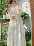 French Vintage Dress Women Summer Long Sleeve Elegant Party Midi Dress Female Casual Retro One Piece Dress Korean Casual