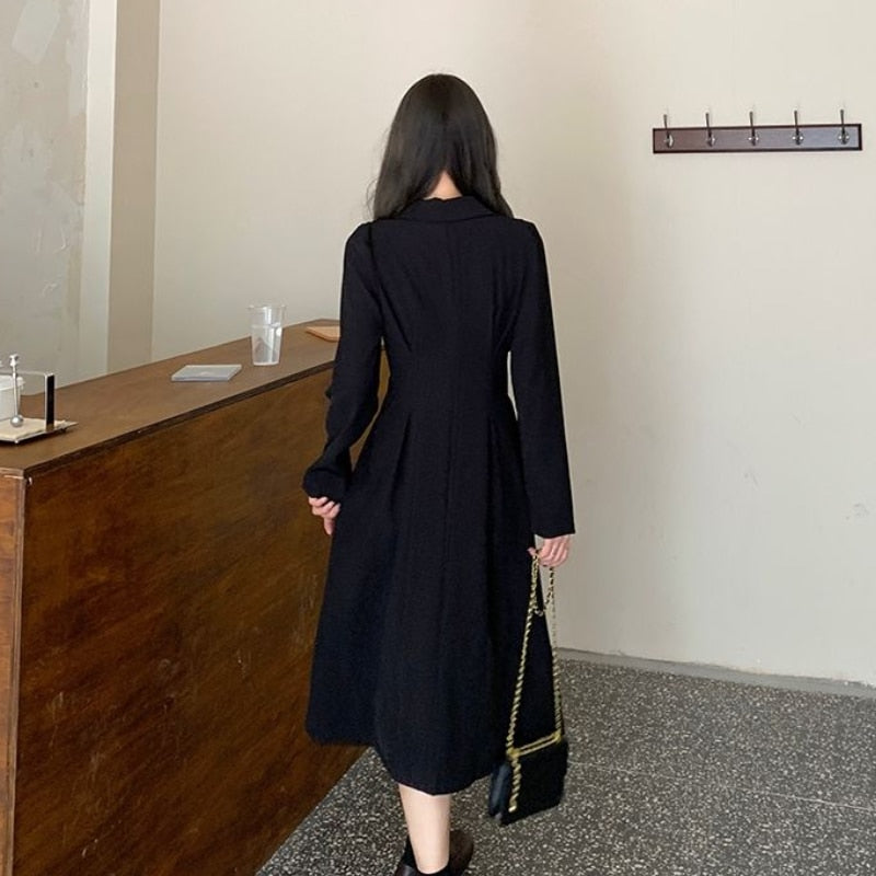 Long Sleeve Ladies Dress Women Autumn Formal French Retro Solid Korean Style Button-design Daily Office Lady Streetwear Fashion