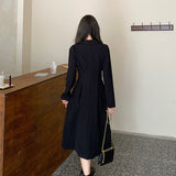 Long Sleeve Ladies Dress Women Autumn Formal French Retro Solid Korean Style Button-design Daily Office Lady Streetwear Fashion