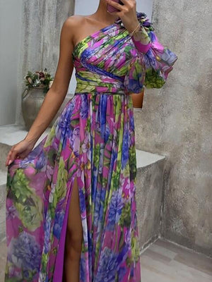 Drauuing Purple Print Side Split One Sleeve Maxi Dress Sexy Hight Split Loose Hem One Shoulder Print Beach Party Dresses