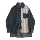 Awen Corduroy Splicing Plaid Shirt for Women Man Fashion Oversized Loose Cardigan Soft Corduroy Korean Lattice Blouse Jacket Top