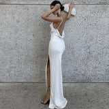 Elegant Fashion Halter Sexy Backless Split Maxi Dress Women Summer Women Party Sling Soild Dresses Clothes