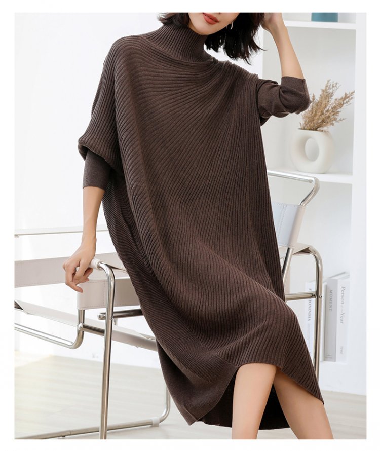 Women L-3XL Large Size Knitted Rib Woolen Dress With Batwing Sleeve For Autumn And Winter