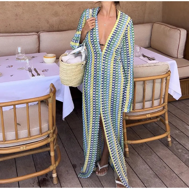 Patchwork Deep V-neck Women's Knit Dress Casual Full Flare Sleeve Crocheted Slit Long Dresses Female Autumn Party Vestidos