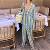 Patchwork Deep V-neck Women's Knit Dress Casual Full Flare Sleeve Crocheted Slit Long Dresses Female Autumn Party Vestidos