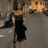 90s Vintage Lace Patchwork Split Midi Dress Chic Women Sexy Backless Spaghetti Strap Dresses Birthday Party Night Streetwear