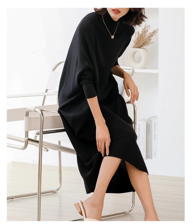 Women L-3XL Large Size Knitted Rib Woolen Dress With Batwing Sleeve For Autumn And Winter