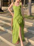 Sling Party Ruffle Holiday Dresses Women Spaghetti Strap Beach Long Dress Summer Slit Vintage Boho Vestido
