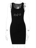 woloong Sleeveless Sequined Letter Print Sexy Mini Dress Summer Women Fashion Streetwear Outfits Y2K Party Clothing