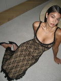 Lace Patchwork Mesh Spaghetti Strap Sleeveless Midi Dress Ladies Elegant Party Clubwear Backless Slim Evening Dress