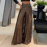 Woloong Elegant Shinny Sequin Long Pants Women Fashion High Waist Draped Loose Trousers Spring Autumn Casual Wide Legger Solid Pant