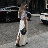 White Fashion High Waist Maxi Skirt Female Split Solid Pocket Streetwear Patchwork Casual Long Skirt For Women Maxi Skirt