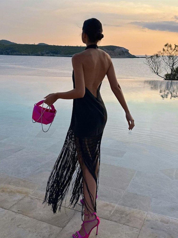 Elegant Cross Hanging Neck Women's Dress Fashion Sleeveless Backless Tassel Long Dresses Summer Female Party Club Vestidos