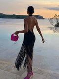 Elegant Cross Hanging Neck Women's Dress Fashion Sleeveless Backless Tassel Long Dresses Summer Female Party Club Vestidos