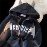 Hip Hop Dark Bat Wing Devil Horn Gothic Zip Up Hoodie Jacket Men Women Oversized Sweatshirt Kawaii Clothes Harajuku Winter Y2K