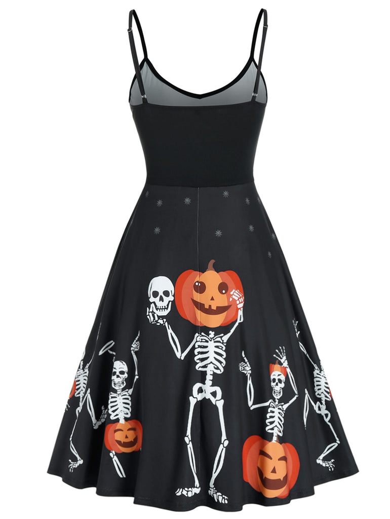 Gothic Black Women Dresses Lace Up Halloween Bat Skull Pumpkin Print Dress Sleeveless Punk V-Neck Autumn Party Dress For Female