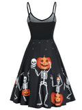 Gothic Black Women Dresses Lace Up Halloween Bat Skull Pumpkin Print Dress Sleeveless Punk V-Neck Autumn Party Dress For Female