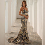 Sexy Dress Suspender Temperament Summer Sleeveless  Birthday  Ball  Split  Evening Dress Gold Sequined Fishtail Dresses