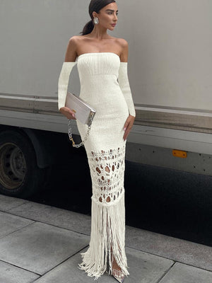 Knit Tassel Strapless Long Famale Dress Elegant White Hollow Out Club Party Dresses Women Fashion Bodycon Backless Lady Clothes