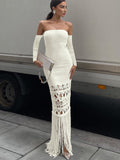 Knit Tassel Strapless Long Famale Dress Elegant White Hollow Out Club Party Dresses Women Fashion Bodycon Backless Lady Clothes