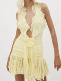 3D Flower Patchwork Mini Dress for Women Halter Tie-up Off Shoulder Backless Ruched Summer Dress Tassel