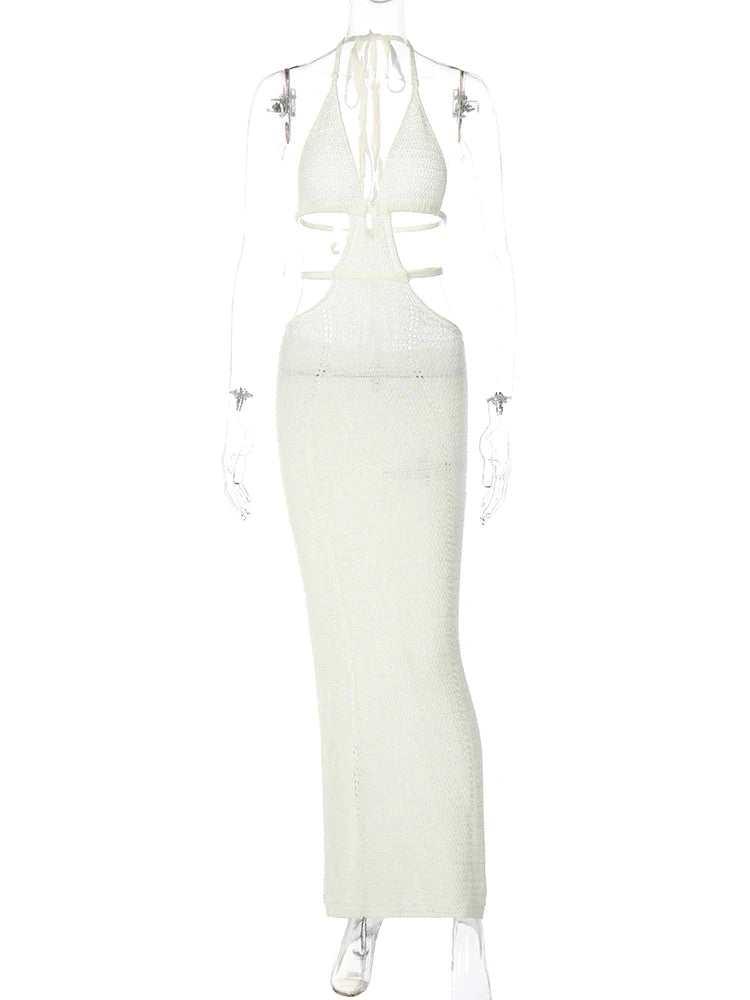 Crochet Halter Sleeveless Backless Solid Hollow Out Bandage Sexy Slim Maxi Prom Dress Winter Festival Party Outfit