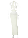 Crochet Halter Sleeveless Backless Solid Hollow Out Bandage Sexy Slim Maxi Prom Dress Winter Festival Party Outfit