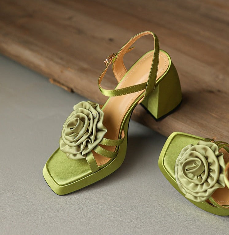 woloong Woman Shoes New Summer Fashion Chunky High Heels Platform Black Green Sweet Flower Dress Party Female Sandals