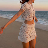 Floral Crochet Hollow Out 2 Piece Set Front Tie Up Short Sleeve Crop Tops + Mini Skirt Vintage Fairy Knitted Boho Beach Holiday